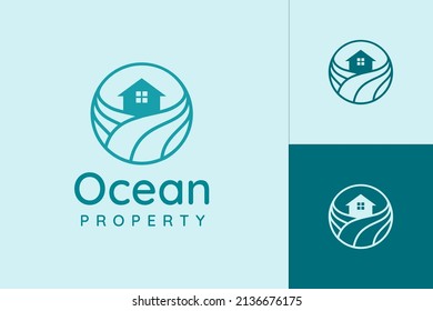 Beach theme resort or hotel logo with ocean wave and circle