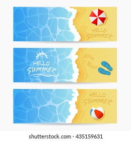 Beach theme, set of cards, inscription Hello Summer and ocean wave on a sandy beach with colored beach ball, flip flops with footprints and beach umbrella, Summer vacation on the beach, illustration.