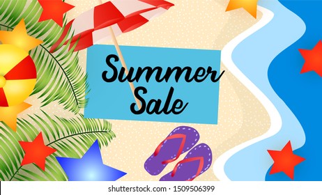 Beach theme summer sale banner with umbrella, palm trees 