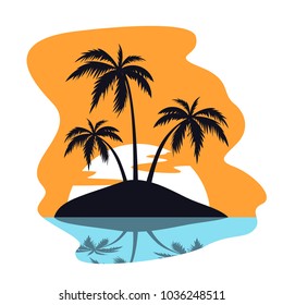 BEACH THEME. Vector illustration of the wave, tropical island in the sea or ocean, palm trees and the sun. Travel resort concepts