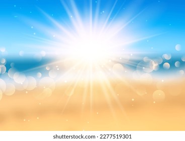 Beach themed background with sun and bokeh lights design