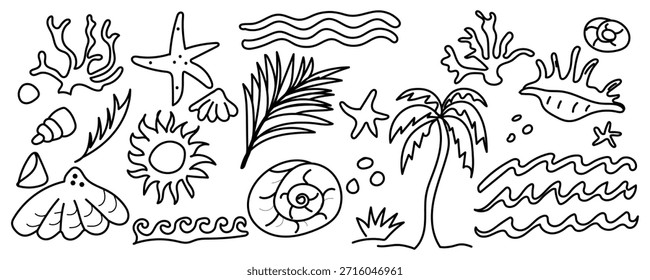 El arte de línea temático de la playa presenta conchas marinas, palmeras de estrellas de mar y olas del océano que crean una ilustración simple pero encantadora perfecta para diseños de verano y proyectos temáticos de vacaciones.