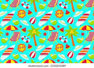 Beach Themed Summer Seamless Pattern. Beach chair, coconut tree, umbrella, ball, lifebuoy, hat, sun and watermelon. Perfect for design assets and backgrounds