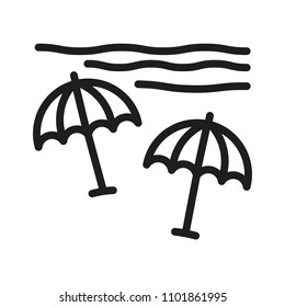 Beach thin line icon. Vector summer minimal geometric illustration with sun umbrellas and sea with waves