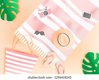 Beach things paper art style with pastel color vector illustration