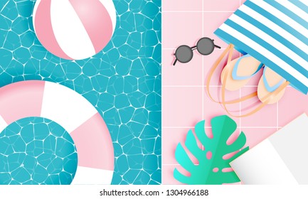 Beach things paper art style with pastel color vector illustration