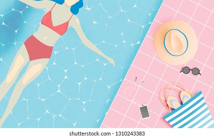 Beach things paper art style with pastel color vector illustration