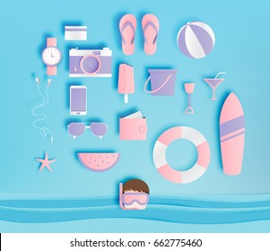 Beach things paper art style with ocean background vector illustration