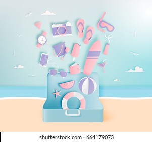 Beach things paper art style with ocean background vector illustration