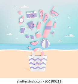 Beach things paper art style with ocean background vector illustration