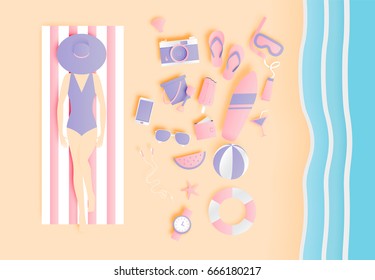 Beach things paper art style with ocean background vector illustration