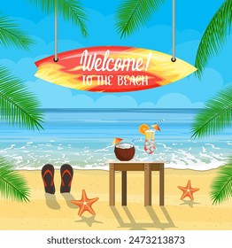 Beach things and surfboard summer holidays. Coconut with cold drink, alcohol cocktail. Vector illustration in flat style