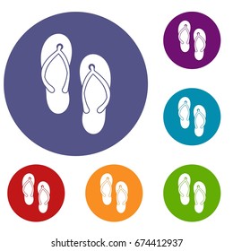 Beach thongs icons set in flat circle reb, blue and green color for web