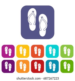 Beach thongs icons set vector illustration in flat style in colors red, blue, green, and other