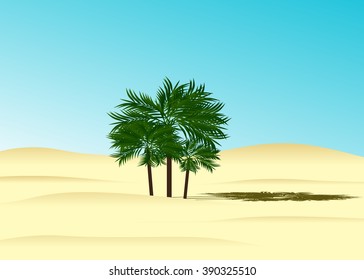 Beach, three palm trees and blue sky