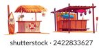Beach tiki bar and standing surfboard. Cartoon vector illustration set of summer sea sand shore cafe with cocktails and fruits. Hawaiian tropical wooden and bamboo shack with thatch or straw roof.