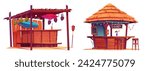 Beach tiki bar with surfboard. Cartoon vector illustration set of summer sea sand shore cafe with cocktails and fruits. Hawaiian tropical wooden and bamboo shack with thatch or straw roof.