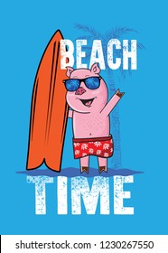 beach time funny pig character surf style kids apparel