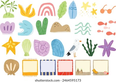 Beach Time Hand-drawn Illustration Clip Art | Beach Elements Isolated | Shell Sea Life Shape Organic Sea Water Star Fish Leaf | Notes Sticky Notes