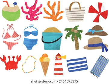 Beach Time Hand-drawn Illustration Clip Art | Drinks Summer Bikini Beach Ball Bag Coral Hat Coconut Ice Cream Mat Crab Colorful Necklace