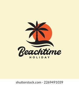 beach time holiday sunset coconut trees simple vintage logo design vector icon illustration