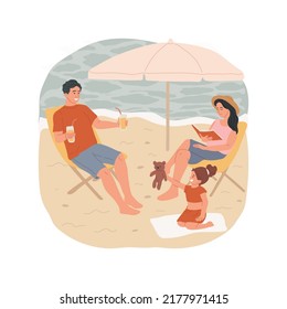 Beach time isolated cartoon vector illustration. Family members sunbathing at the beach, lying on deck chair, mom reading book, summer holiday, enjoying vacation, leisure time vector cartoon.