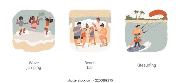 Beach time isolated cartoon vector illustration set. Children having fun in the waves, jumping in surf, summer vacation, drink tropical cocktail at beach bar, learn kitesurfing vector cartoon.