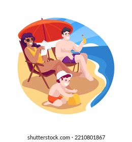 Beach time isolated cartoon vector illustration. Family members sunbathing at the beach, lying on deck chair, mom reading book, summer holiday, enjoying vacation, leisure time vector cartoon.