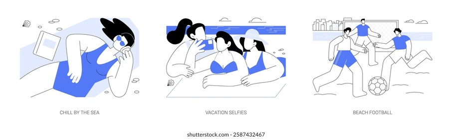 Beach time isolated cartoon vector illustrations set. Young woman chilling by the sea, listening to music, girls making selfies on vacation, diverse friends play football on the sand vector cartoon.