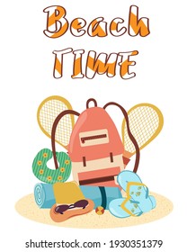Beach time. Set of travel items for recreation. Objects for travelling around the world on the sand. Flat vector illustration collection of planning a summer vacation, tourism and journey objects.