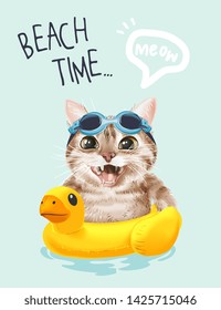 beach time slogan with cute cat in swim goggle and swim ring illustration