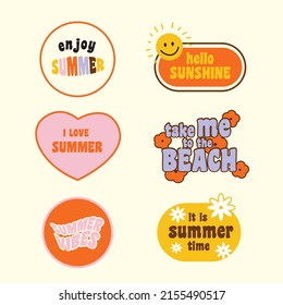 Beach time summer retro graphic with surf board, palm trees and positive quote. Colorful illustration for T-shirt print, posters, stickers, greeting card etc.