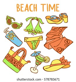 Beach time. Swimsuit, straw hat, flip flops, cocktail, beach bag, beach towel, sunglasses, sunscreen. Isolated vector objects on white background.