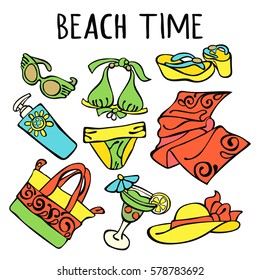 Beach time. Swimsuit, straw hat, flip flops, cocktail, beach bag, beach towel, sunglasses, sunscreen. Isolated vector objects on white background.