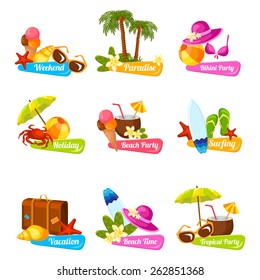 Beach time vacation surfing holiday paradise weekend bikini party emblems set isolated vector illustration