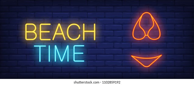 Beach time vector illustration in neon style. Colorful text and red bikini on brick wall background. Night bright advertising design, banner, sign. Summer and vacation concept