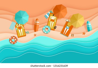 Beach top view background with sea waves, sand, sunbathing people, umbrella, deck chair, surfboard, starfish, ball, cocktail, beach sandals, lifebuoy papercut, paper craft aerial view vector