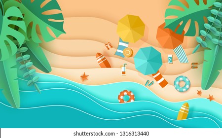 Beach top view background with sea waves, sand, tropical leaves, umbrella, deck chair, surfboard, starfish, ball, cocktail, beach sandals, lifebuoy papercut, Place for text, paper craft aerial view