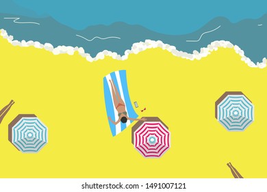 Beach top view background with sunbathers women. Vector illustration.