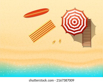 Beach top view background vector, sea, flip flops, surfboard, umbrella, lounger. realistic vector illustration