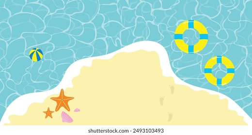 Beach top view. Balls, rubber rings, starfish, shellfish and footprints. Cartoon style travel background pattern.