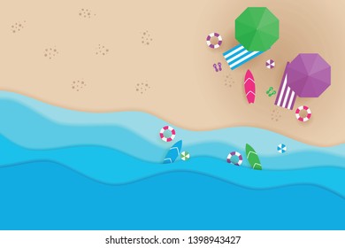 Beach top view in paper style summer holidays concept - Vector
