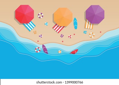 Beach top view in paper style concept with 3 umbrellas, balls, swimming rings, skateboards, sandals and the sea. - Vector