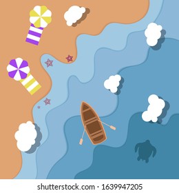 beach top view in paper style concept with umbrellas, starfish, sea, boat, turtle and clouds. Vector illustration.