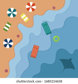Beach top view in paper style concept with umbrellas, starfish, sea, stingray. Vector illustration.