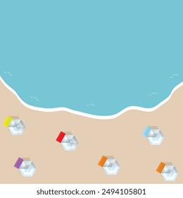 Beach top view. Beach parasols and Beach Blankets. Summer vacation background concept. travel background pattern. 