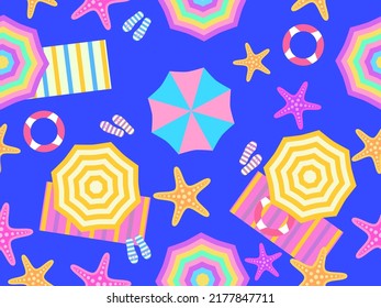 Beach top view seamless pattern. Beach umbrellas and towel, flip flops with starfish in flat style. Design for banners, print and promotional items. Vector illustration
