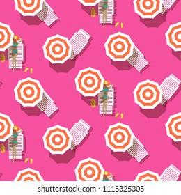 Beach top view seamless vector pattern. Retro style riviera umbrellas on pink beach background.