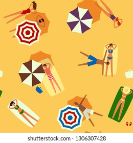 Beach top view seamless vector pattern. Typical ocean beach vacation scenes. People get tanned under colourful sun umbrellas. Pattern for fabric, textile, packaging.