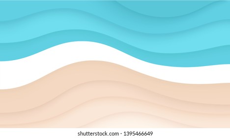 Beach top view. Summer background. Paper cut style. Travel banner, poster. Sea or ocean waves. Simple modern template. Flat style vector illustration. 